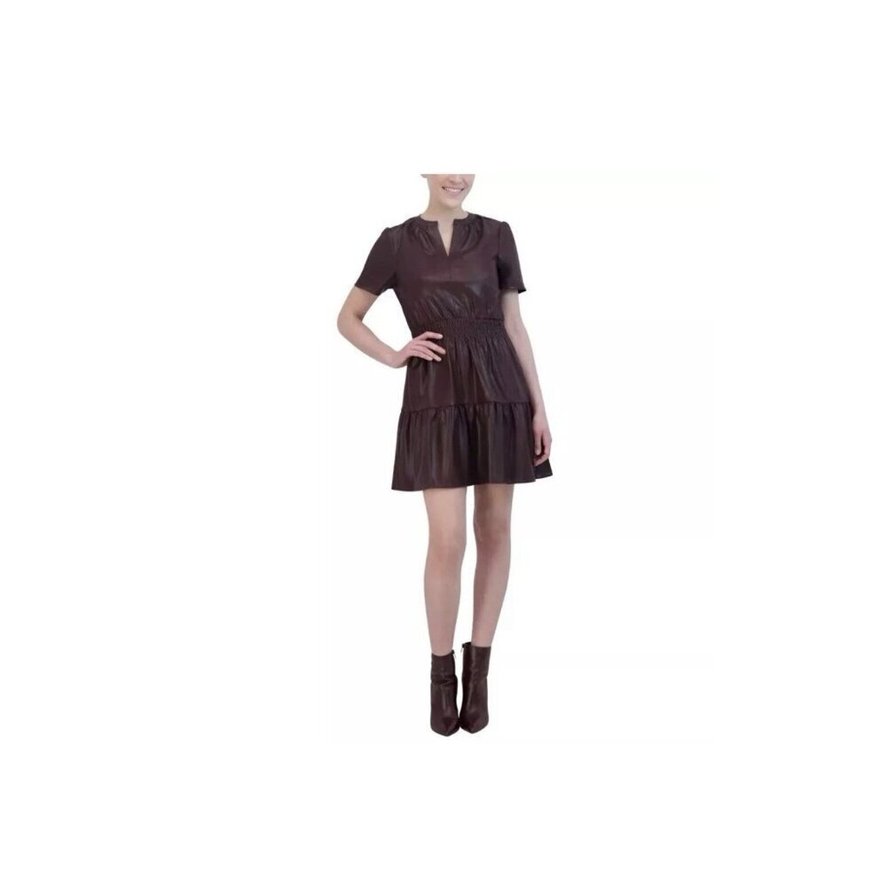 Vigoss Women Faux Leather Tieres Short Sleeve Brown Dress Size Medium